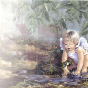 Child angel playing with frogs by stream.