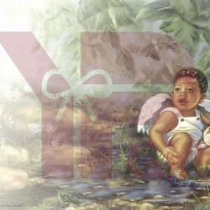 Angel baby with puppy in a mystical forest.