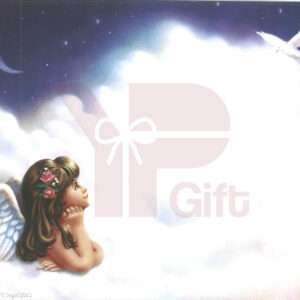 Angel girl admiring dove under starry sky with gift overlay.