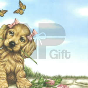 Puppy with roses and butterflies, watermarked as a gift.