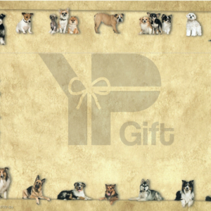 Assorted dogs on beige gift wrap paper background.