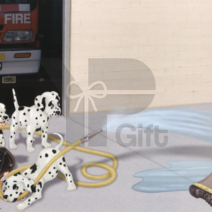 Dalmatian puppies near fire truck and firefighter gear.