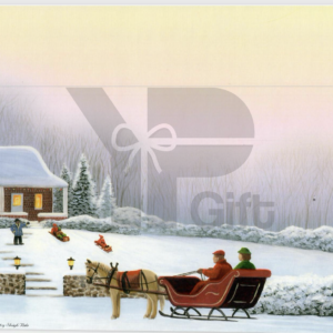 Winter scene with horse-drawn sleigh and cozy cottage.