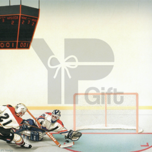 Hockey players near goal with scoreboard showing game tied.