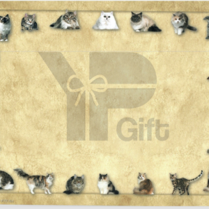 Assorted cute cats on patterned gift-themed background.