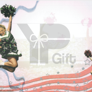 Cheerleaders jumping, gift text, patriotic background.
