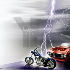 Red vintage car and motorcycle with lightning background.