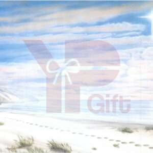 Watermarked beach scene with bright star and gift icon.