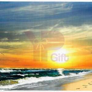 Seagulls flying over beach at sunset with gift graphic.
