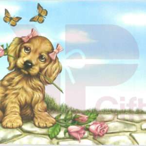 Puppy with pink bows and roses, butterflies above.