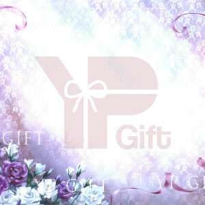 Floral background with stylized gift graphic and text overlay.