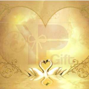 Golden heart-shaped gift card with swans.